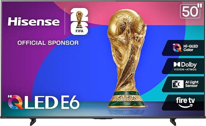 Hisense 50" E6 Cinema Series Hi-QLED 4K UHD Smart Fire TV (50E6QF) - AI Light Sensor, Dolby Vision · Atmos, Voice Remote with Alexa, Motion Rate 120, HDR 10+ Adaptive, Game Mode Plus by Hisense