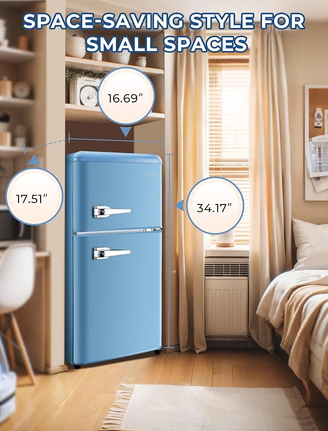 Anypro 3.2 Cu.Ft Refrigerator, Retro Double Door Fridge with Freezer, 7 Adjustable Temperature Settings, Removable Glass Shelves for Dorm, Office, Bedroom, Apartment, Sky Blue - Image 6