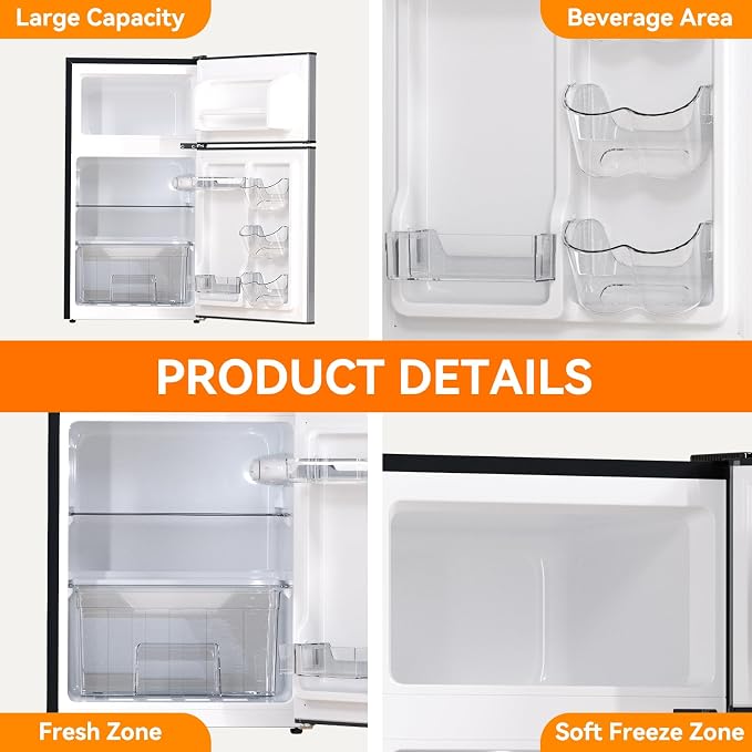 Mini Fridge with Freezer 3.2 Cu.Ft. 2 Door Refrigerator and Freezer Small Fridge for Bedroom Home Office Dorm, Small Drink Chiller, Adjustable Thermostat,37 dB Low Noise, Stainless Steel - Image 4
