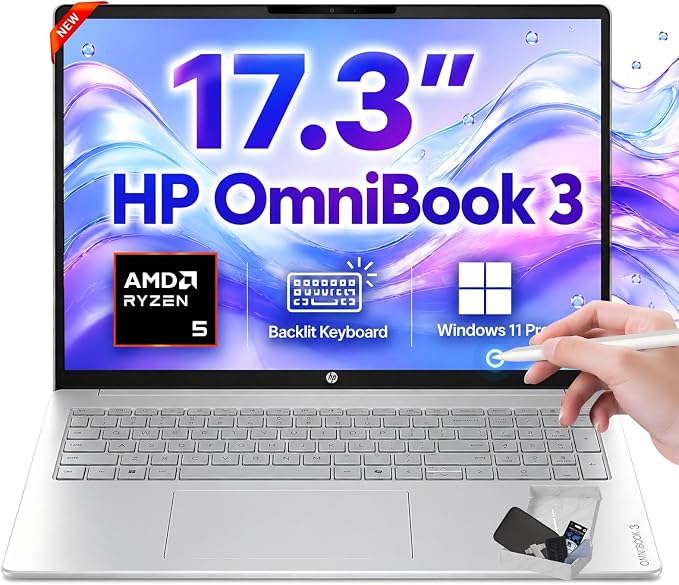 HP OmniBook 3 17.3" Touchscreen Laptop, AMD Ryzen 5 130 Processor (Up to 4.55 GHz), 16GB RAM, 1TB SSD, FHD IPS Display, Backlit Keyboard, Windows 11 Pro, Radeon 660M Graphics, Wi-Fi 6, Copilot+ PC by Unknown