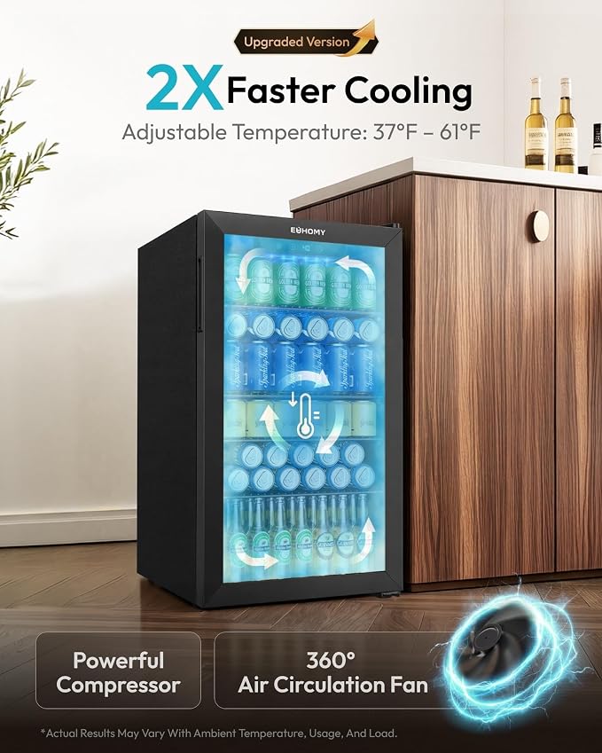 EUHOMY Mini Fridge 130 Can Beverage Refrigerator Cooler Glass Door for Soda Wine Beer, Beverage Cooler for Home, Bar, Office with Digital Temperature Control Removable Shelves, Black - Image 2
