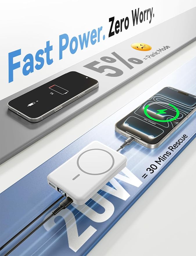 Aobbow Magnetic Portable Charger, 10000mAh for Magsafe Battery Pack, 20W Fast Charging Power Bank, Travel Essential of Wireless Charger Compatible with iPhone 17/16/15/14/13 Pro/Max/Air/Plus-White - Image 3