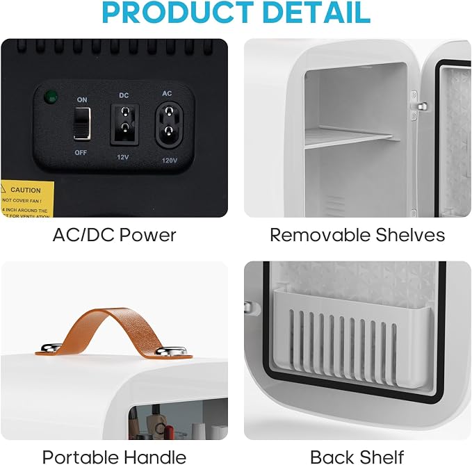DUMOS Mini Fridge for Bedroom, 4L Compact Personal Fridge Cooler For Skincare, Drinks, And Snacks, Fits 6 Cans, Mini Refrigerator with 110V Ac/12V Dc, Ideal For Car, Dorm, White - Image 7