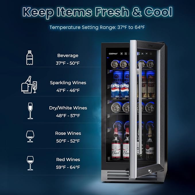 COSTWAY 15 Inch Beverage Cooler Refrigerator - 3.5 Cu.ft Mini Fridge with Glass Door, Lock and Removable Shelves for Soda Beer Wine, Freestanding Small Drink Refrigerator for Home Office Bar - Image 3