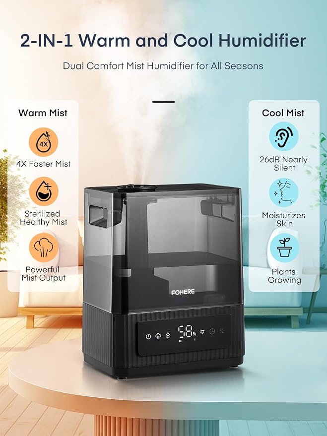 FOHERE Smart Humidifiers for Bedroom, 6L Warm and Cool Mist Quiet Humidifier with 60H Runtime, Humidity Control, Oil Diffuser, Sleep Mode, 12H Timer, Light, Top Fill Ultrasonic for Home Baby Plant - Image 2