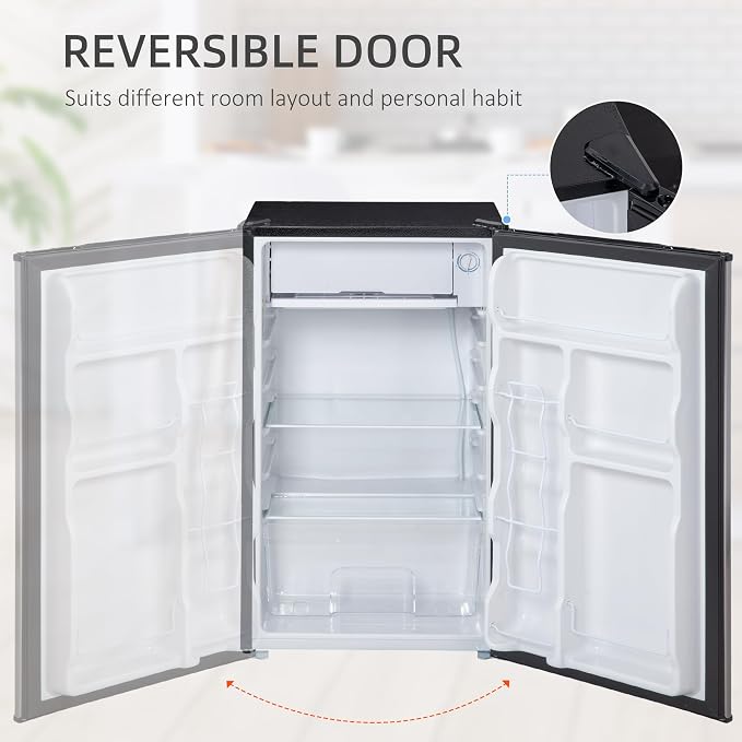 HOMCOM 3.2 Cu.Ft Mini Fridge with Freezer Single Reversible Door Silver | Compact Refrigerator, Adjustable Thermostat, Shelf, for Bedroom Dorm Home Office, Energy Efficient - Image 6