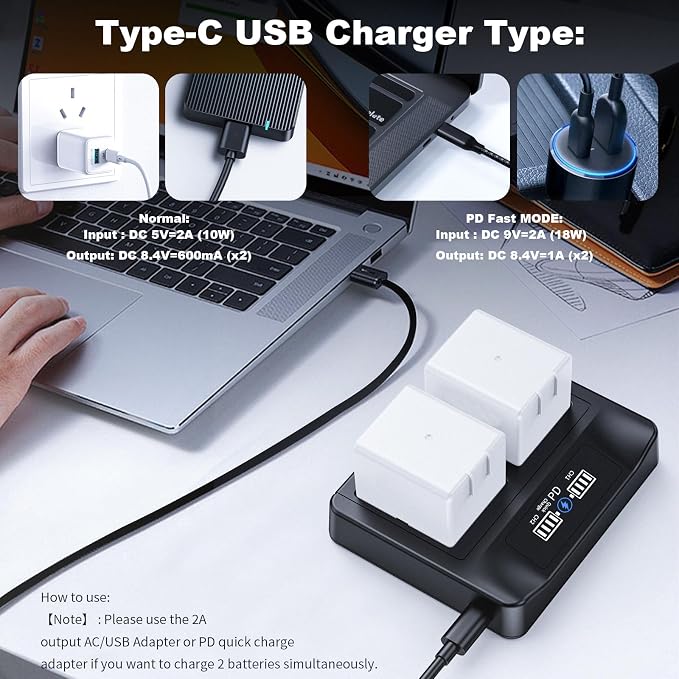 2-Packs Rechargeable Batteries+PD Fast Charging LCD USB Dual Battery Charging - Image 5