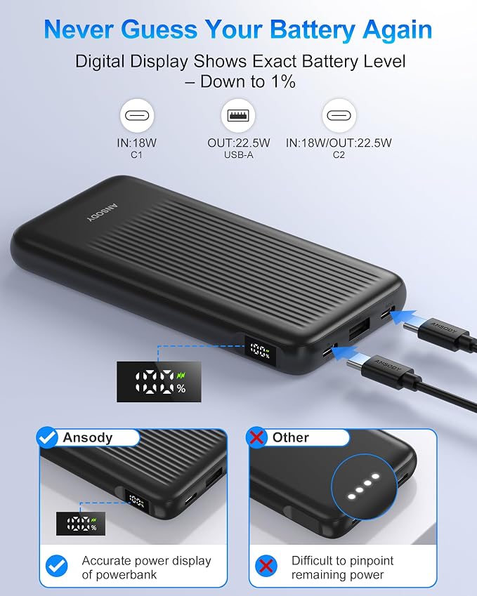 2-Pack Portable Charger, 10000mAh 22.5W Compact USB C Power Bank Fast Charging with 2 Outputs & 2 Inputs, LED Display Battery Pack Compatible with iPhone Samsung iPad Tablets, Black & Black - Image 3