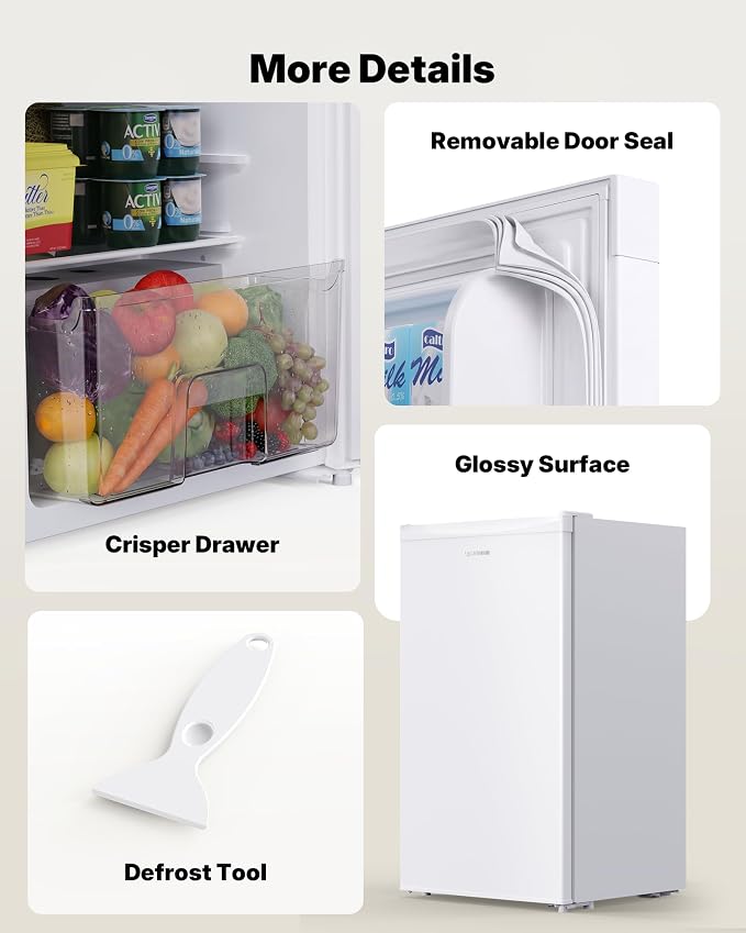 Upstreman 3.2 Cu.Ft Mini Fridge with Freezer, White-BR321 | Adjustable Thermostat, Energy Saving, Low Noise, Reversible Door, Small Refrigerator for Dorm, Bedroom, Office - Image 7