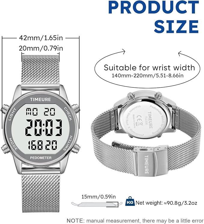 Men's Pedometer Watch with Stainless Steel Bracelet, Step Counter Watch No App - Image 6