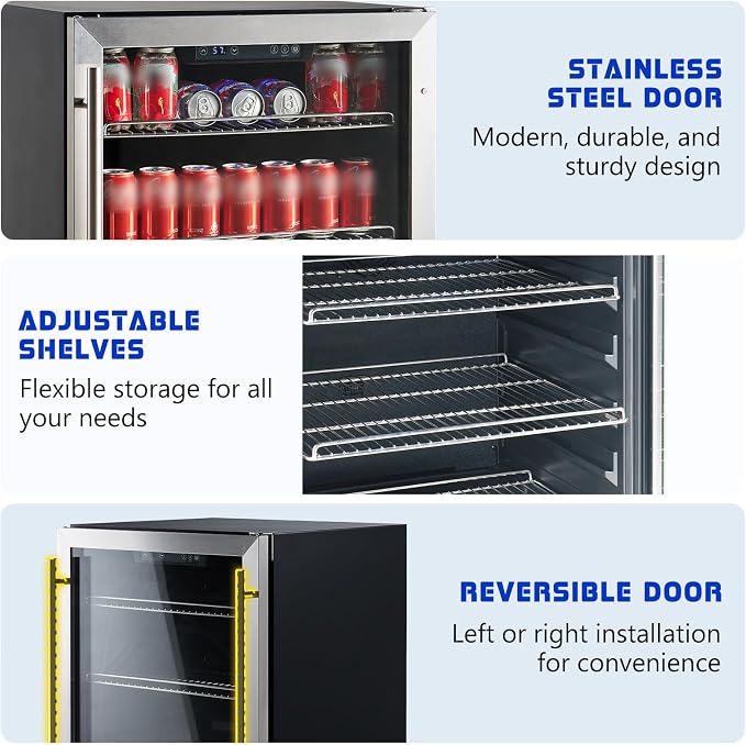 Albott 24 Inch Beverage Refrigerator, Under Counter Fridge with Glass Door | Adjustable Shelves, LED Touch Panel, Built-In or Freestanding Design for Wine and Beer, 34-64℉ - Image 3
