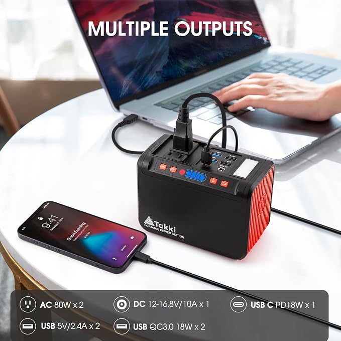 Takki 111Wh Portable Solar Generator Power Station with 21W Foldable Solar Panel, 120W Peak Solar Charger Power Bank with 110V AC DC USB Ports for Camping Emergency Outdoor Home Use - Image 3