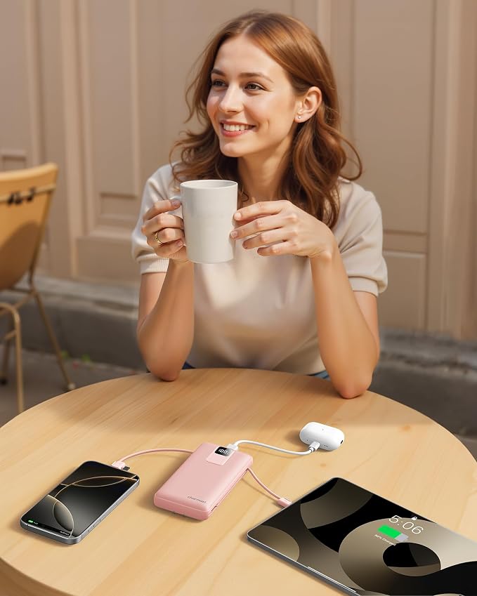 charmast 20000mAh Portable Charger with Wall Plug, Fast Charging Power Bank USB C, 20W PD Battery Pack with Built-in Cables Travel Essential for iPhone 16/15/14, Samsung, iPad More Devices (Pink) - Image 9