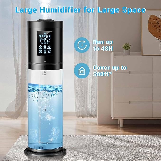 8L/2.1 Gal Humidifiers for Bedroom Large Room, 4 Levels Cool Mist Humidifier with Clear Tank, 7 Color Lights Essential Oil Diffuser with 16H Timer, Top Fill Air Humidifier for Home Plants - Image 6