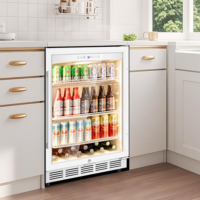 24" Beverage Refrigerator Glass Door Reversible White | Built-in/free, fast cool, <38dB, temp memory, glass+lock, 37-65°F, 190 can - Image 9