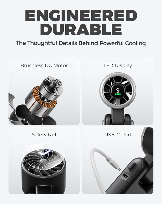 Diveblues Portable Handheld Turbo Fan, 5 Gear Wind, Battery Operated, Up to 12 Working Hours, 3 IN 1 Hand Fan with Air Turbo Tech Cooling Fan for Outdoor Activities, Travel, Working, Obsidian black - Image 7