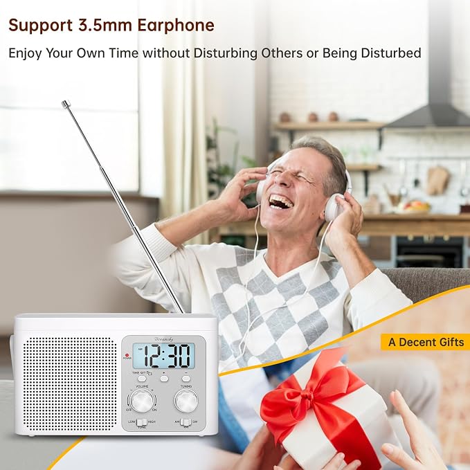 DreamSky AM FM Radio Portable - Shortwave Radio Battery Powered or Plug in Wall for Home Outdoor, Strong Reception, Large Dial Easy to Use, Digital Time Display, Transistor Antenna, Seniors Small Gift - Image 6