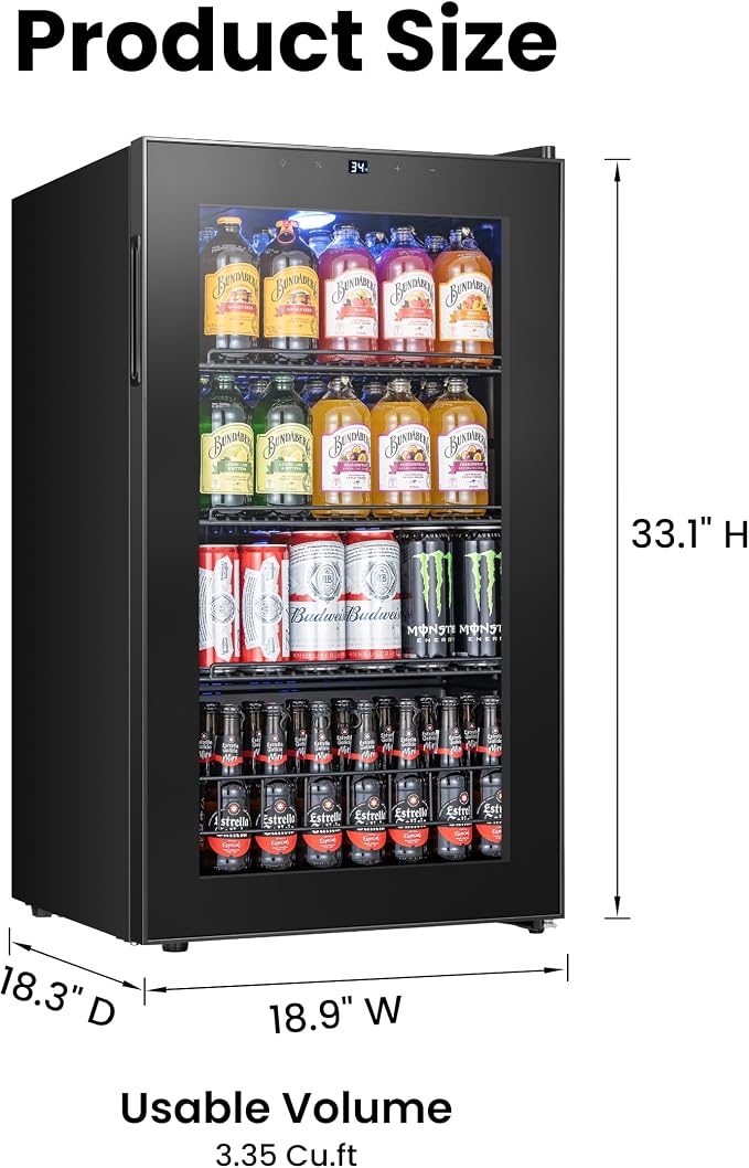 Yeego Beverage Refrigerator, 130 Can Mini Fridge with Glass Door, Adjustable Shelves, Digital Temperature Control 34°F-54°F, Drink Cooler for Soda, Beer and Wine, Freestanding or Under Counter, Black - Image 6