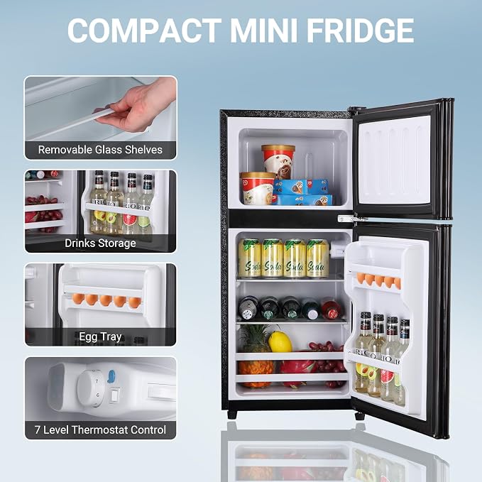 Mini Fridge with Freezer 4.0 Cu. Ft. Small Refrigerator with Freezer Black | 7-Level Adjustable Temperature, Compact Apartment Fridge Removable Shelves for Dorm, College, Office - Image 6