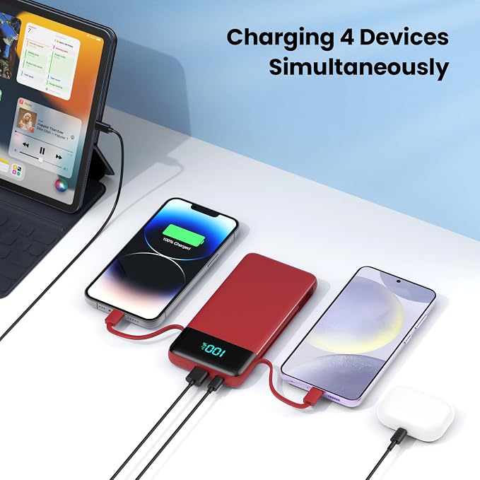 FOCHEW Portable Charger for iPhone with Built in Cables and Wall Plug,Upgraded 13800mAh Fast Charging USB C Power Bank,4 Outputs Travel Essential Battery Pack Compatible with iPhone 15/14/13/12,-Red - Image 7