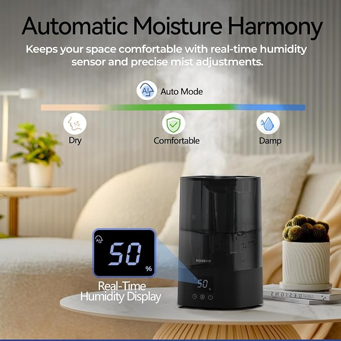 Automatic Humidifiers for Bedroom Large Room, 4.5L Cool Mist Humidifier for Home & Plant with Timer & Humidity Sensor, Last Up to 18H on High Setting, Auto Shut-Off, 360° Nozzle (Black) - Image 2