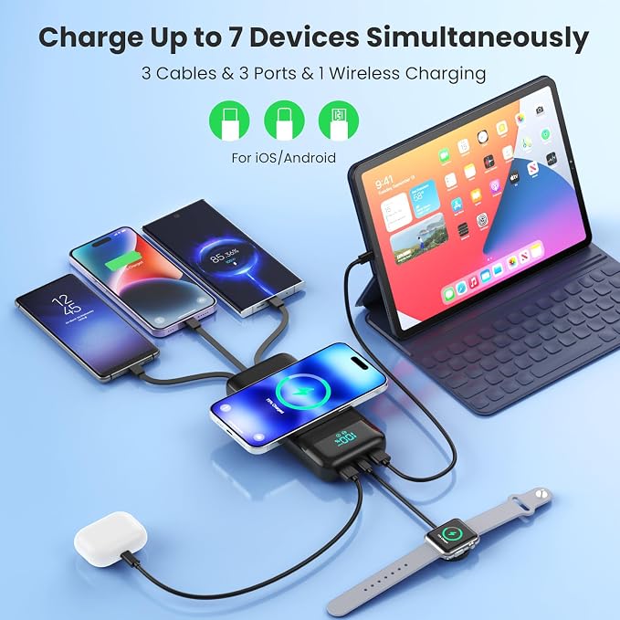 Wireless Portable Charger 40800mAh with 3 Built-in Cables,7-in-1 15W Wireless Charging Power Bank,25W PD QC 4.0 Fast Charging USB C Travel Essentials Battery Pack for iPhone 17/16/15/14,Galaxy,Android - Image 3