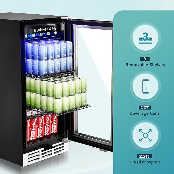 EUHOMY 15 Inch Beverage Refrigerator Cooler Under Counter 127 Cans Beverage Fridge Built-in or Freestanding with Glass Door, LED Light, Beer Fridge for Soda, Water, Wine - Home Kitchen Bar. - Image 2