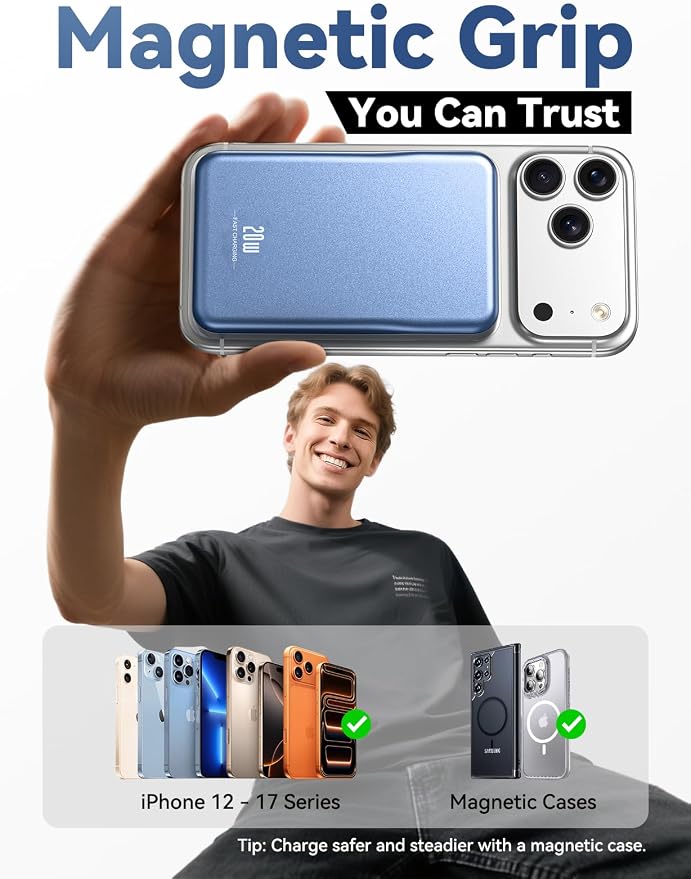 Aobbow Magnetic Portable Charger, 10000mAh for Magsafe Battery Pack, 20W Fast Charging Power Bank, Travel Essential of Wireless Charger Compatible with iPhone 17/16/15/14/13 Pro/Max/Air/Plus-DarkBlue - Image 2