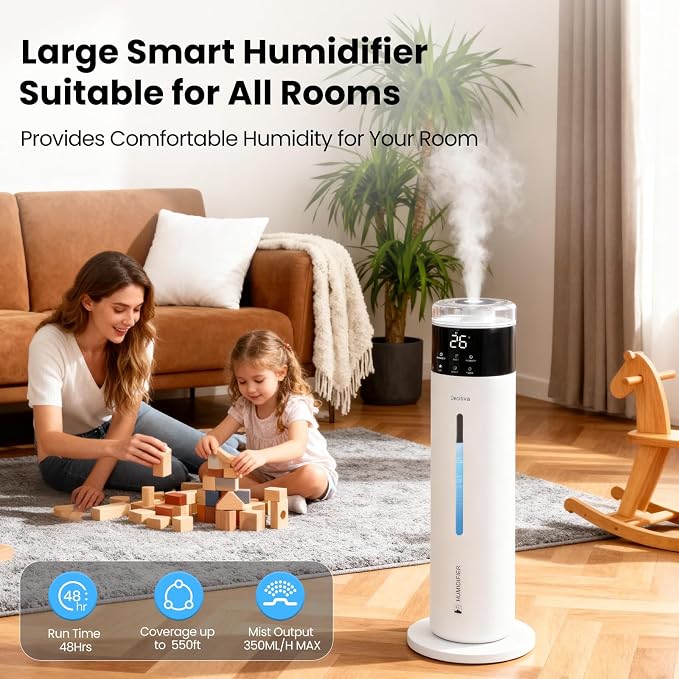 Large Humidifier for Bedroom, 8L/2.1Gal Ultrasonic Cool Mist, Remote control,Easy Clean with 350ML/H Large Mist Speed, Suitable for Kids Room Plant Yoga Study Room Office (White) - Image 2