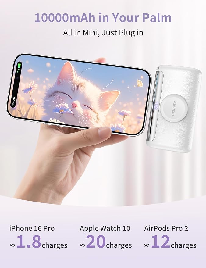 RORRY PalmGo Portable Charger, 10000mAh PD 22.5W Fast Charging Mini Power Bank with Built-in USB C Connector, 3-in-1 Battery Pack for iPhone 17/16/15 Pro/Max, Apple Watch Ultra/11/10/SE, iPad, White - Image 2
