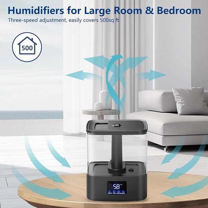 KZF 4L Top Fill Humidifiers for Bedroom & 60H Runtime - Cool Mist Humidifier, 3 Mist Levels, 8H Timer, Essential Oil Tray, Humidity Display, Quiet for Bedroom, Baby, Plants, Large Room (Black, 6L) - Image 3