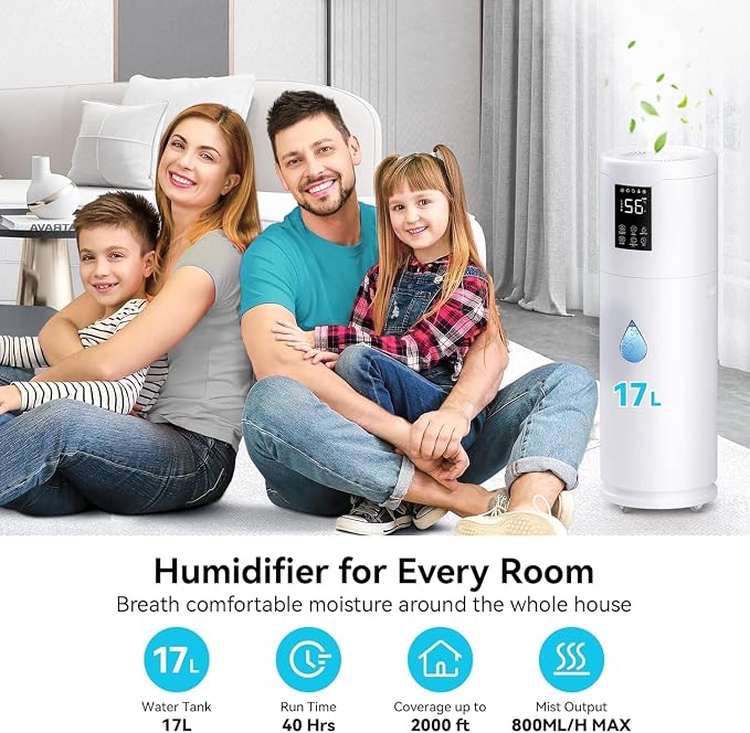 Humidifiers for Large Room Home Bedroom 2000 sq.ft. 17L/4.5Gal Large Humidifier with Extension Tube & 4 Speed Mist,Top Fill Wholehouse Humidifier with 360°Nozzle for Plant Office Commercial Greenhouse - Image 2