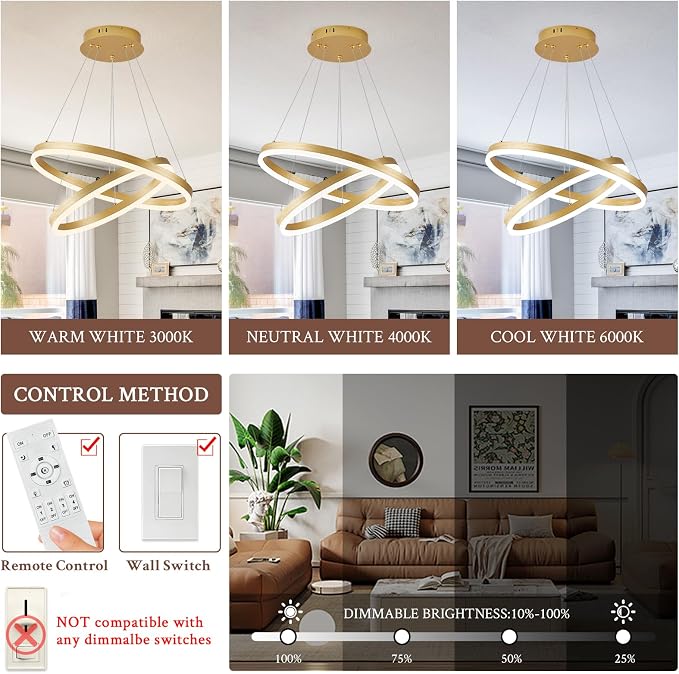 Modern LED Chandelier Gold 2-Rings Pendant Light Circular Flush Mount Ceiling - Image 2