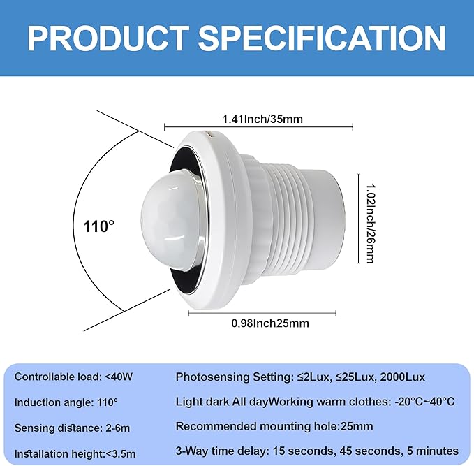 6 Pack PIR Motion Sensor Light Switch, AC 110-240V Adjustable LUX Light - Image 4