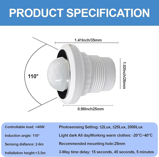 2 Pack PIR Motion Sensor Light Switch, AC 110-240V Adjustable LUX Light - Image 4
