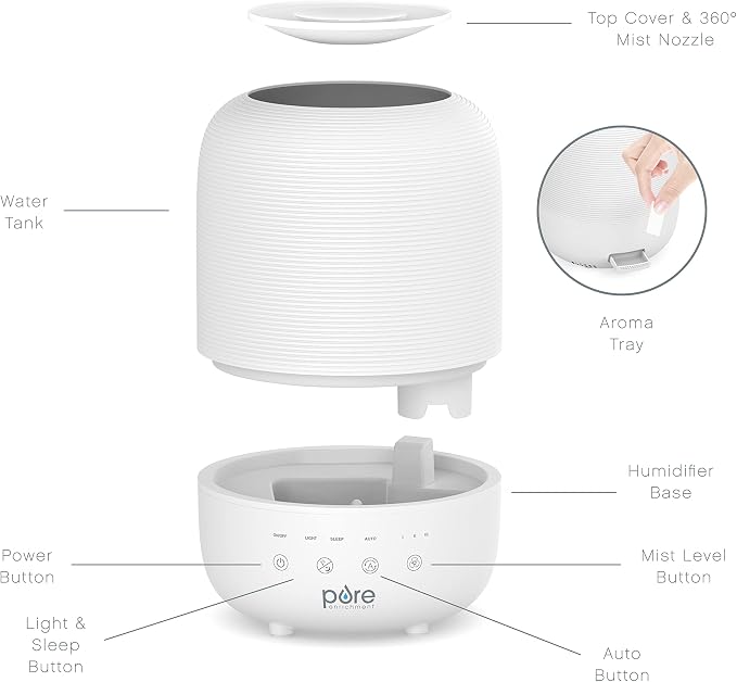 Pure Enrichment® HUME™ Sense Top Fill Humidifier – Large 3L Tank, Auto Mode Humidity Sensor, 3 Mist Settings, Optional Night Light, Optional Aromatherapy, Sleep Mode & Auto Shut-Off - Image 4