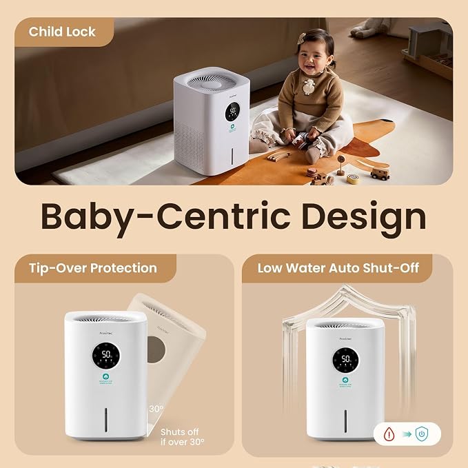 Pro Baby Evaporative Humidifier for Bedroom, MistFree & No White Dust, BPA-Free and 16dB Quiet Sleep for kids, 3 Age-Modes, Auto Control, Tap Water Safe, 4L Easy Clean Tank for Nursery - Image 7