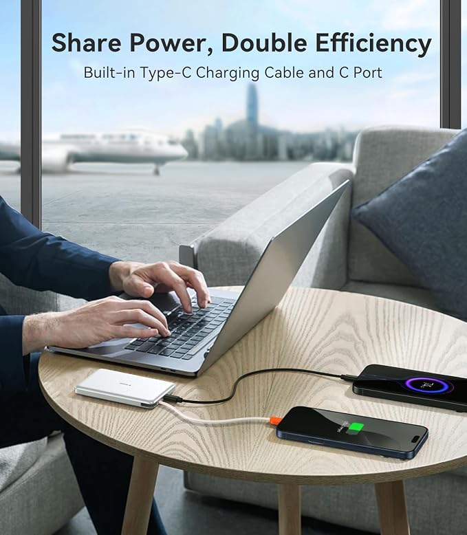 TORRAS Power Bank with Built-in USB-C Cable (No-Wireless), Ultra-Slim 10,000mAh Portable Charger USB C, 22.5W Fast Charging Battery Pack for iPhone 17/16/15 Series, Phone air, Galaxy, Pixel, White - Image 8