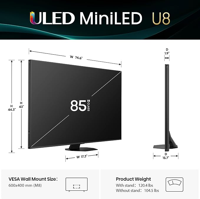 Hisense 85" U8 Series ULED Mini-LED 4K UHD Smart Google TV (85U8QG) - QLED, Native 165Hz, VRR 288, Up to LD5600, 5000 Nits, HDR10+, Dolby Vision IQ · Atmos, IMAX Enhanced, 4.1.2 Ch Audio - Image 3