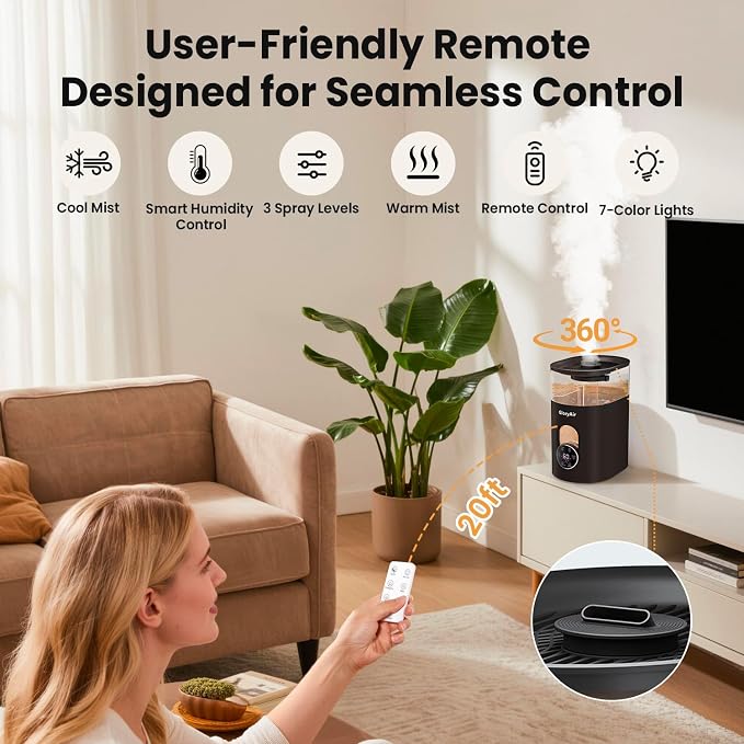 Warm & Cool Mist Humidifier - GloryAir Black 6L Quiet Top Fill Humidifiers for Bedroom Large Room with Smart Humidity Control, Remote Control, 7-Color Light, Humidistat, Oil Diffuser for Baby & Plants - Image 8