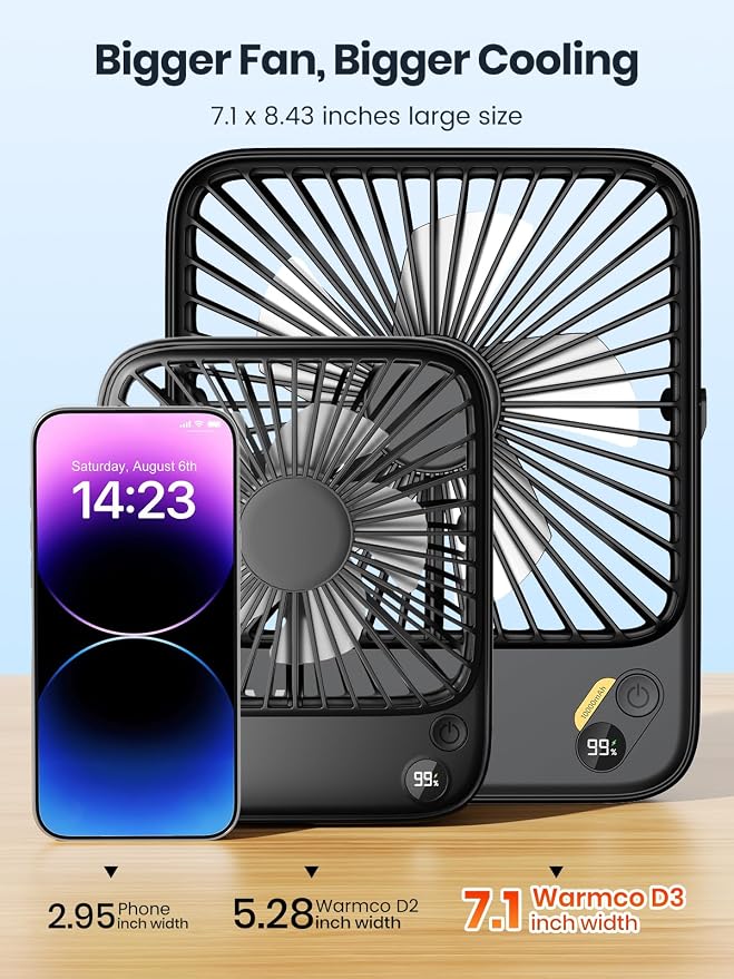 Warmco 10000mAh Portable Travel Fan 7-inch, Max 24H Runtime, Ultra-thin Quiet Rechargeable Battery Operated Desk Fan with Digital Display for Camping, Office, Bedroom, Cruise Essentials - Image 7