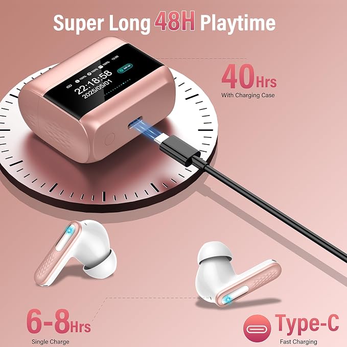 Wireless Earbuds, Touch Screen Case, ANC/ENC Noise Cancelling, 48H, Rosa | Touch Screen Controls, 5 EQ Modes, Bluetooth 5.4, HiFi Stereo, Transparency Mode, IPX7 Waterproof, All-Day Comfor - Image 6
