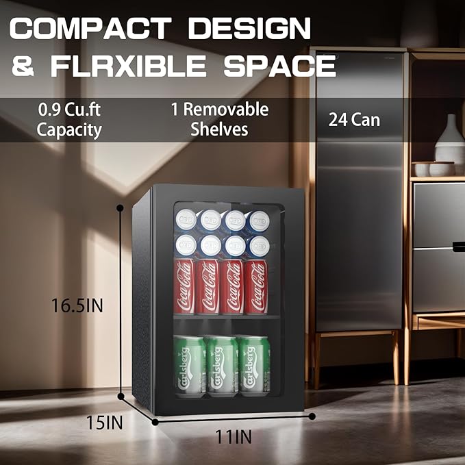 Erivess Compact Freestanding Beverage Refrigerator, 24 Can/0.9 Cubic Feet Mini Fridge with Acrylic Front Door for Soda, Beer or Wine, Under Counter Small Refrigerator with Adjustable Shelves for Home - Image 5