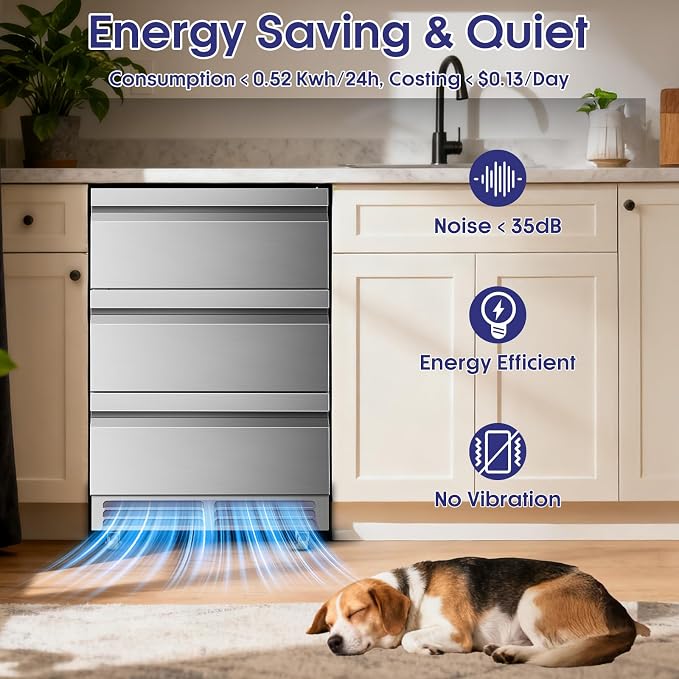 3 Drawers Beverage Refrigerator, 190 Cans 24'' Beverage Fridge with Wheels, Outdoor Waterproof, All Stainless Steel Body, Undercounter or Freestanding, Drink Fridge for Home, Patio & Commercial - Image 9