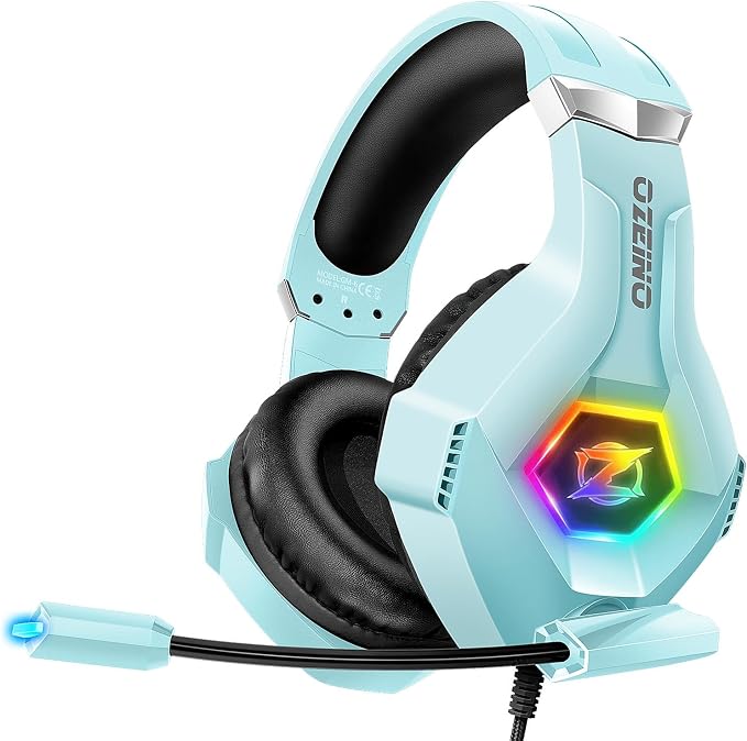 Ozeino Gaming Headset for PC, Ps4, Ps5, Xbox Headset with 7.1 Surround Sound, Gaming Headphones with Noise Cancelling Mic RGB Light Over Ear Headphones for Xbox Series X/S, Switch-Light Blue by Ozeino