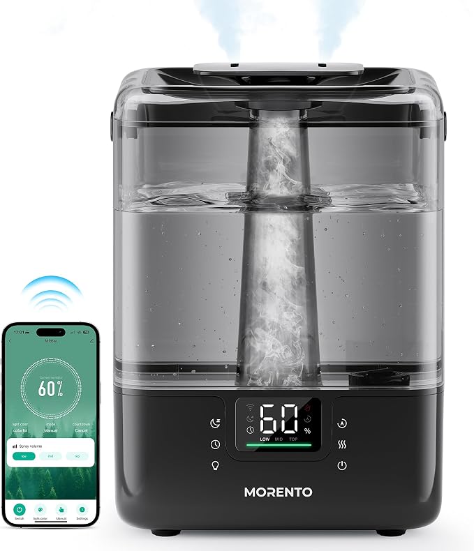 MORENTO Smart Humidifiers for Bedroom Large Room Home, 6L Cool Mist Top Fill Humidifier with Essential Oil Diffuser, Smart App & Voice Control, for Nursery & Plants, Black, 1 Pack + 7 Color NightLight by MORENTO