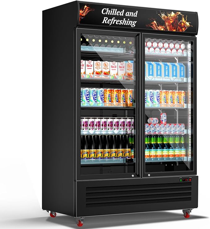 Commercial 2 Glass Door Display Beverage Refrigerator 1370 Can Black | Fast cool, self-closing door, ad board, LED light, for store/office by TYLZA