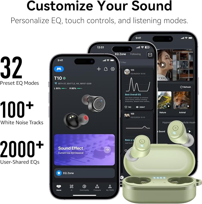 TOZO T10 Wireless Earbuds Powerful Bass Stereo Wireless Charging, APP, IPX8 | Waterproof, 55H Playtime, Ergonomic Design In Ear buds, App Customize EQ, Bluetooth 5.3 Headphones for Work, Travel, Green - Image 6