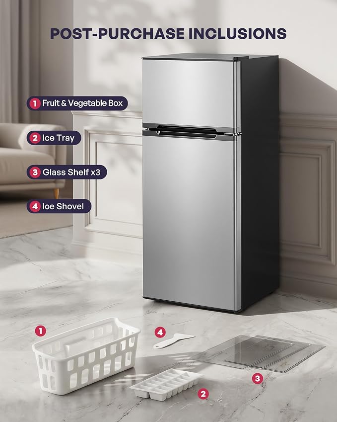4.5 Cu.Ft Mini Fridge with Freezer, 2 Doors Small Fridge with Adjustable Thermostat & Removable Glass Shelves, Small Refrigerator for Kitchen Office Dorm, Quiet Operation, Silver - Image 6