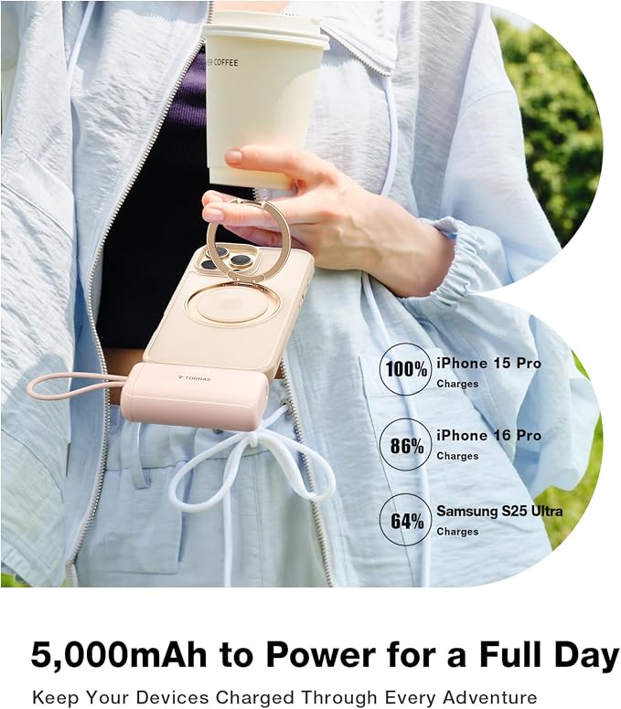 TORRAS 2-in-1 iPhone 16 Portable Charger, 5,000mAh 22.5W Mini Power Bank with Built-in USB-C Cable, Fast Charge Battery Pack, Travel Essential for iPhone 17/16/15, Galaxy S25, Google – Desert Titanium - Image 5